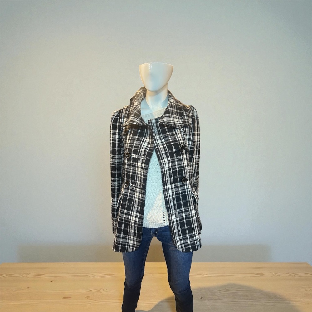 1 Madison Black and White Plaid Trench Coat